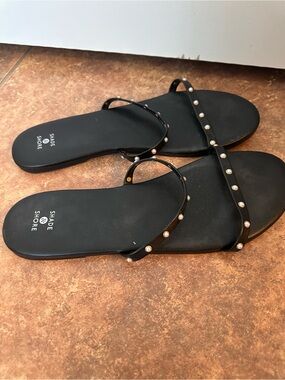 Shade & Shore Black Pearl-Stud Flat Slide Sandals